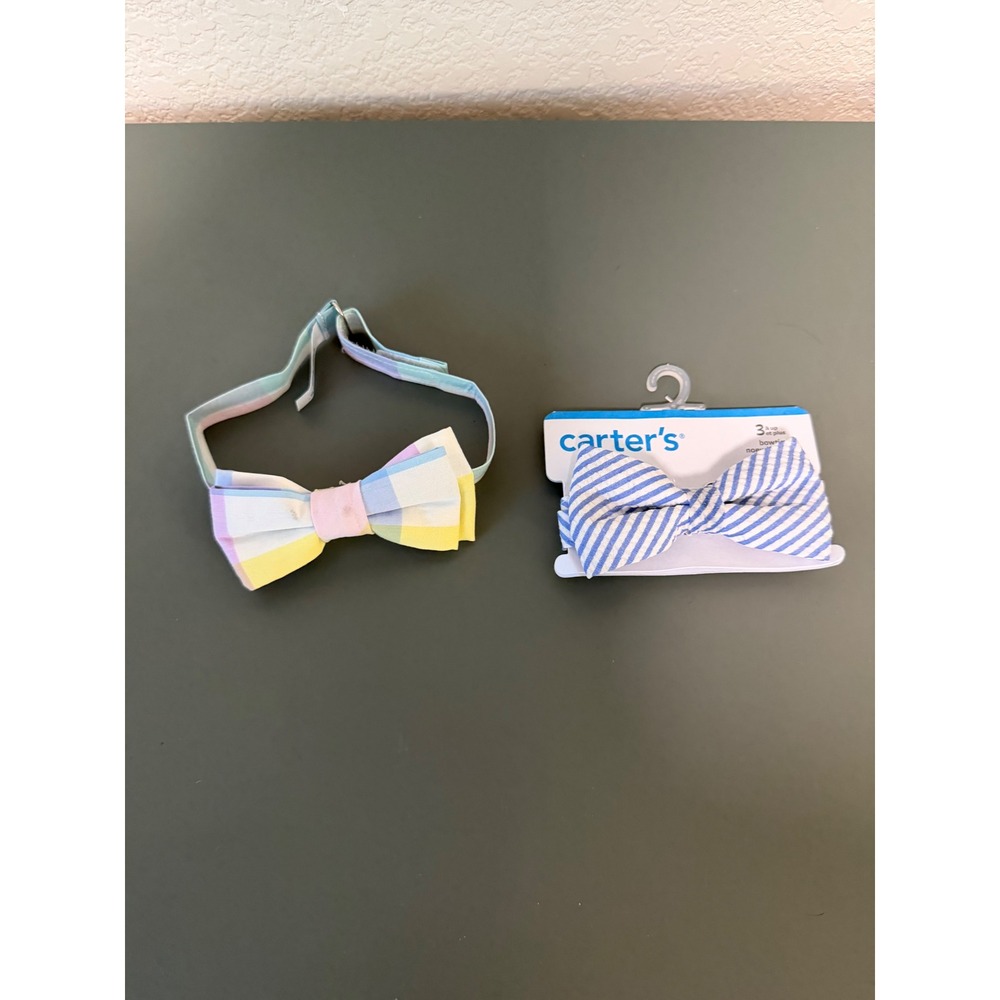 Carter's Boy's Bow Tie Set 2 Pack Blue Seersucker Stripe Pastel Plaid Adjustable